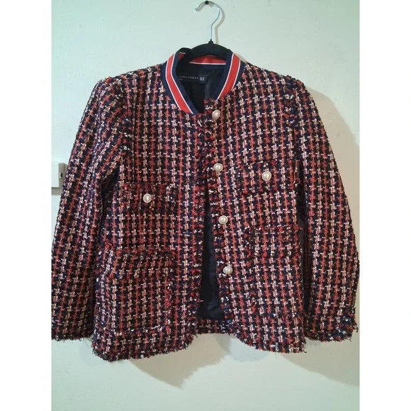 Zara Woman Tweed Blazer Jacket Navy Red White Pearl Button XS Metallic Plaid - Picture 1 of 10